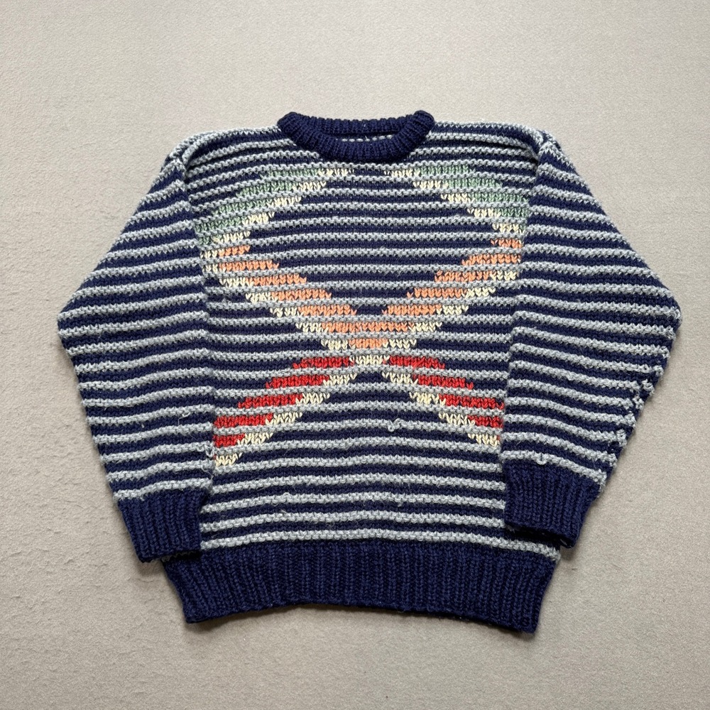 Vintage Hand Knit Sweater Mens Medium Navy Striped Chevron Wool Grandpa Crewneck